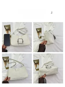 Detailed multi-angle views of a white leather half-moon shoulder bag with silver buckle