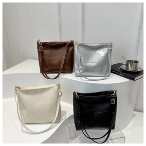 Large capacity geometric patchwork tote bags in brown silver cream and black colors