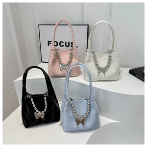 Women Fashion Wrinkled PU Bucket Bag Silver Bead Chain Butterfly Pendant Elegant Versatile Shoulder Crossbody Bag