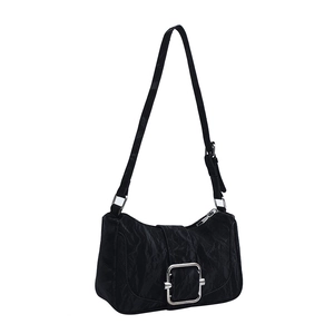 Minimalist black pleated shoulder bag for women with a large silver metal buckle detail