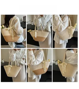 Collage of model wearing a two-tone woven tote bag with lace bow for beach vacation style