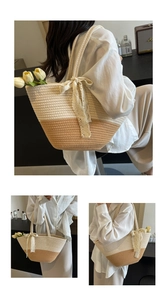 Close-up of contrast woven tote bag featuring a white lace bow and large capacity