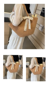 Detail of woven straw tote bag featuring contrast textures and delicate lace bow decoration