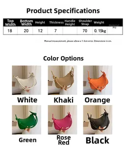 Size chart showing PU leather shoulder bag dimensions and six available candy colors