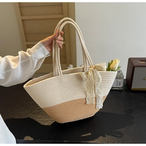 Contrast woven tote bag with lace bow decoration for summer beach and vacation look