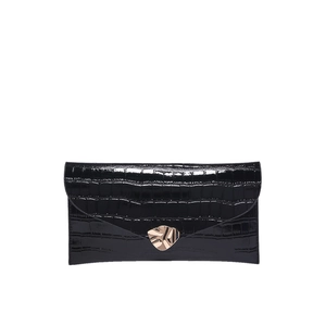 Pochette enveloppe élégante en cuir noir gaufré crocodile avec boucle dorée luxe