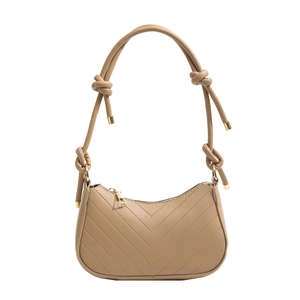 Beige chevron quilted faux leather underarm bag with knotted strap and gold hardware
