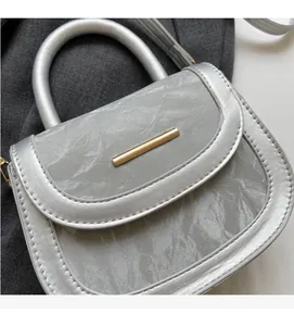 Close-up of metallic silver crossbody saddle bag with pleated texture and gold bar