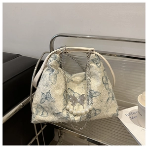 Butterfly Print Shoulder Bag Large Tote Hobo Bag With Artificial Pearl Chain Metal Butterfly Pendant PU Leather Fabric Sweet Aesthetic Women