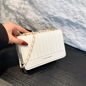 White PU leather small square bag with chain strap and elegant vertical stripe texture