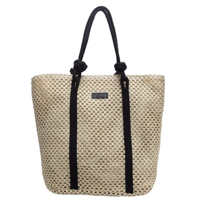 Bolso tote minimalista de paja tejida beige con asas de cuerda negra y parche de cuero