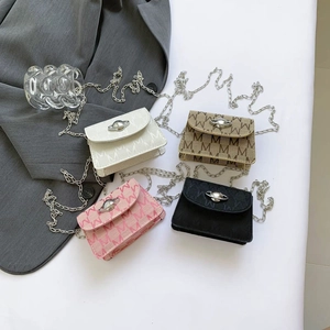 Women Mini Square Bag PU Leather Monogram Letter Print Planet Buckle Chain Strap Trendy Crossbody Shoulder Bag