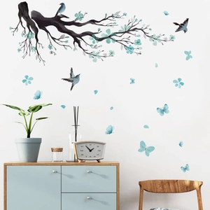 Blue flower tree branch wall decals with flying birds for Nordic living room decor