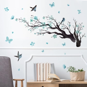 Watercolor branch wall sticker with blue flowers and birds for living room decor