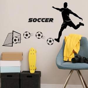 Stickers muraux silhouette footballeur noir pour chambre avec cage de but et texte