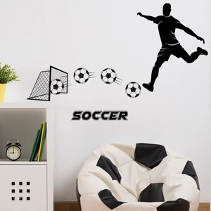 Sticker mural de football avec silhouette de joueur, but et texte Soccer artistique