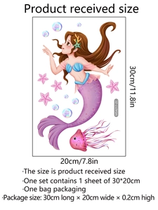 Detailed sheet size 30x20cm of cartoon mermaid and jellyfish bathroom wall stickers