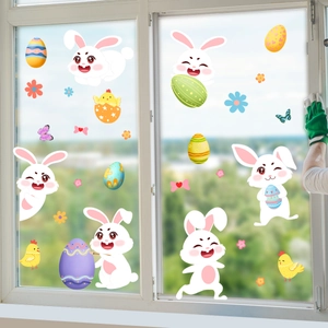 Easter Window Stickers PVC Static Cling Cartoon Rabbit Eggs Butterfly For Glass Surface Holiday Home Decor