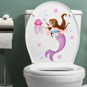 Mermaid Princess Jellyfish Toilet Sticker Waterproof PVC Wall Decal For Bathroom Decor Cute Marine Life Cartoon Sticker