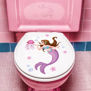 Mermaid and jellyfish cartoon toilet seat decal for pink bathroom decor and wall art