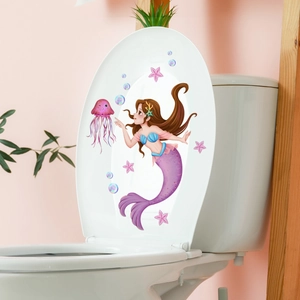 Detail showing waterproof mermaid princess and jellyfish decals on white toilet lid