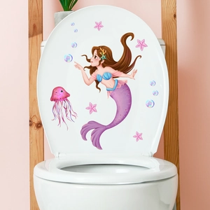 Mermaid and jellyfish toilet stickers for bathroom decor featuring pink sea stars