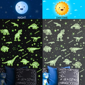 Luminous dinosaur wall stickers showing glow-in-the-dark vs daytime visual effect