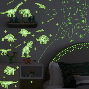 Glow-in-the-dark dinosaur and star wall stickers set for children's bedroom decor
