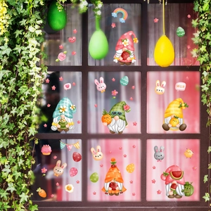 Easter gnome window stickers with rabbits and eggs for kids room glass decoration