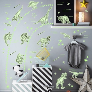 Detailed view of luminous dinosaur wall stickers and stars on a modern nursery wall