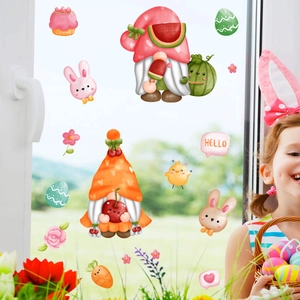 Easter bunny gnome window clings with watercolor rabbits and colorful flower stickers