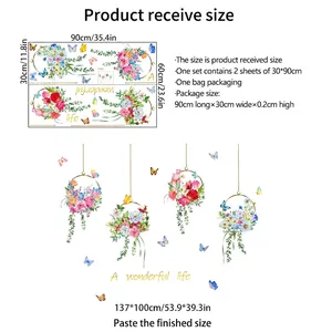 Stickers muraux fleurs et papillons avec paniers suspendus et guide de tailles