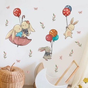 Cartoon Rabbit Wall Sticker With Balloons Flowers PVC Removable Self-Adhesive Wall Decal For Kids Nursery Room Bedroom Decor