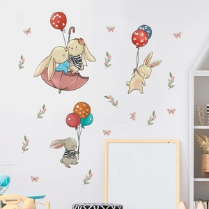 Cartoon bunny balloon wall stickers for kids bedroom with watercolor hand-painted style