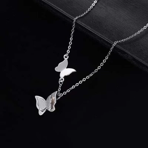 Silver double butterfly titanium steel necklace with layered minimalist pendants
