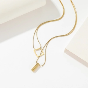 Minimalist Titanium Steel Double Layer Necklace For Women Gold Plated Hollow Square And Solid Cylinder Pendant Snake Chain Jewelry