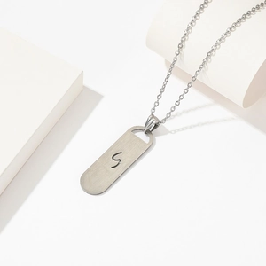 Titanium steel necklace featuring a silver rectangular pendant with a carved S-shaped design