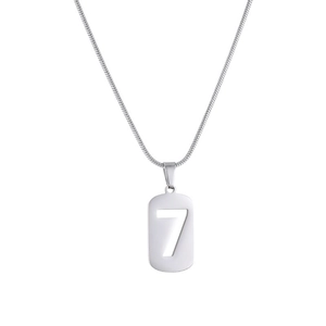 Minimalist silver-toned titanium steel necklace featuring a hollow number 7 pendant