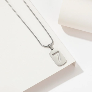 Minimalist silver titanium steel necklace with a hollow number seven rectangular pendant