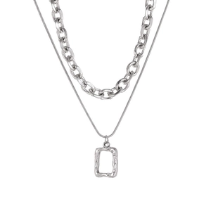 Double-layered titanium steel necklace featuring a textured square pendant and silver chain