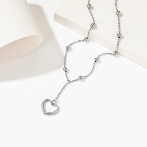 Stainless Steel Heart Pendant Necklace Y-Shaped Chain With Beads Minimalist Chic Jewelry For Women Non-Fading