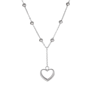 Titanium steel Y-shaped necklace with silver metal beads and hollow heart pendant