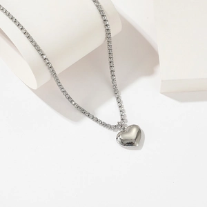 Titanium steel heart necklace with cubic zirconia and asymmetric silver chain link