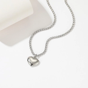 Stainless Steel Heart Pendant Necklace Cubic Zirconia Tennis Chain Minimalist Shiny Clavicle Jewelry For Women