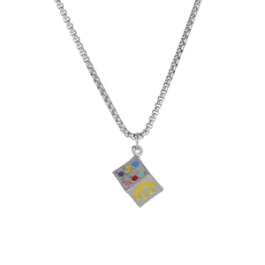 Collana a catena box argento hip hop con punti colorati e pendente smiley giallo
