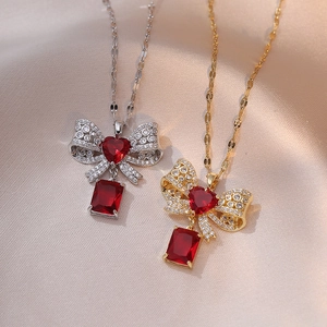 Bowknot Heart Pendant Necklace Stainless Steel Zircon Red Crystal Dainty Elegant Jewelry For Women