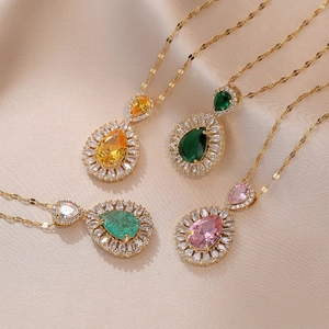 Collier Pendentif Larme Plaqué Or Acier Inoxydable Zircon Vert Émeraude Design Halo Bijoux Pour Femmes