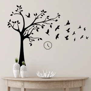 Black Tree And Flying Birds Wall Sticker Modern PVC Silhouette Decal With Clock Decor For Living Room Bedroom Home Art