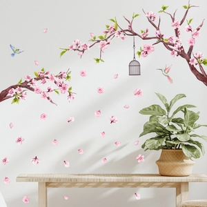 Pegatinas de pared de flores de durazno y jaula con ramas de cerezo rosa