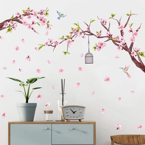 Pegatinas de pared de flores de durazno y jaula de pájaros para salón y dormitorio